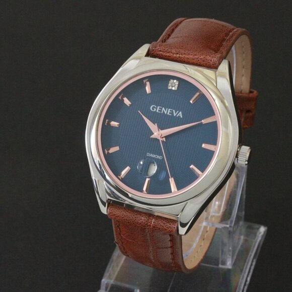 Geneva Men's Dress Watch Diamond At 12 Raised Indices Blue Dial Brown Strap 42mm - Picture 4 of 13